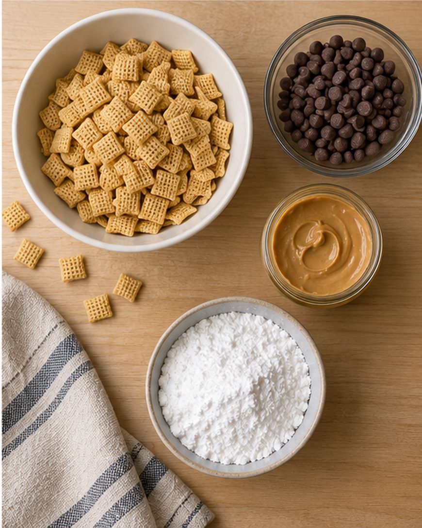 Four bowls on a wooden table contain Chex cereal, chocolate chips, peanut butter, and powdered sugar, with a beige striped cloth to the side.