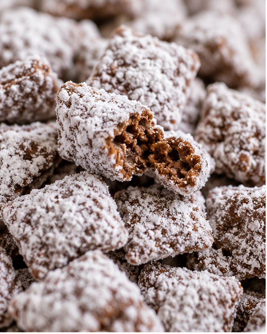 Close-up of chocolate-covered cereal squares coated in powdered sugar, with one piece broken in half to show the crunchy inside.
