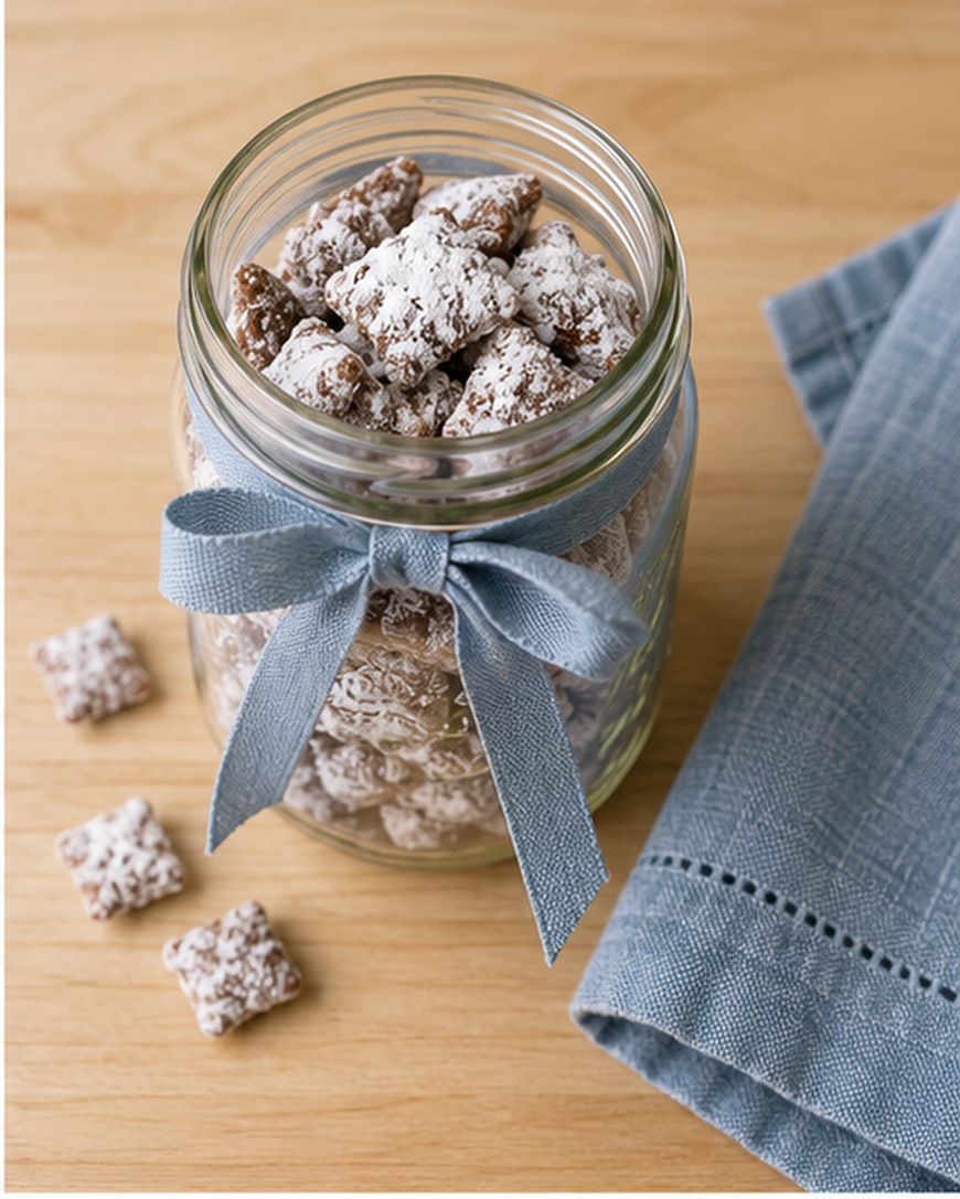 A glass jar filled with powdered sugar-coated snacks, tied with a blue ribbon, sits on a wooden surface next to a folded blue napkin.