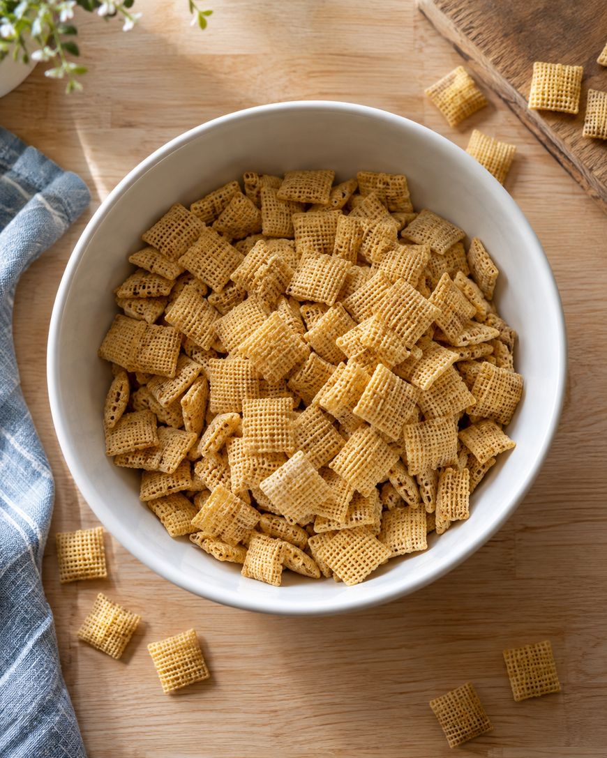 A white bowl filled with square, golden-brown cereal pieces sits on a wooden table, with a blue striped cloth and scattered cereal pieces nearby.