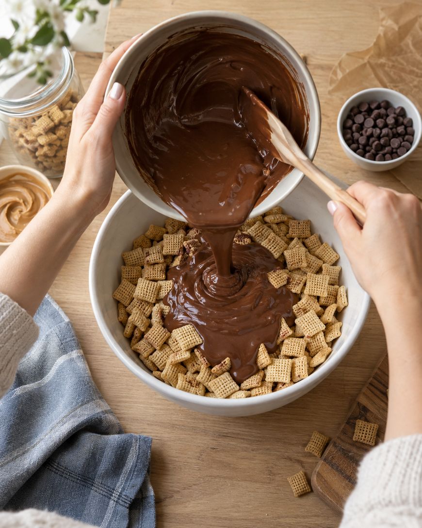 A person pours melted chocolate from a bowl over a bowl of Chex cereal pieces, with chocolate chips, peanut butter, and cereal visible on a wooden table nearby.
