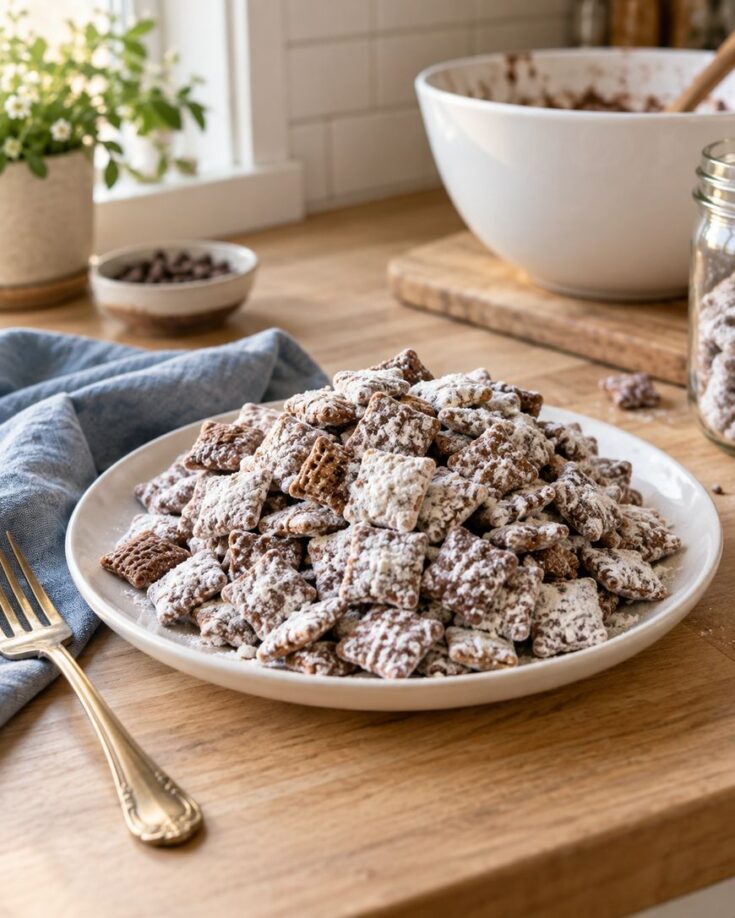 A white plate piled with chocolate-covered cereal squares dusted with powdered sugar sits on a wooden table near a blue napkin, gold fork, and mixing bowl.