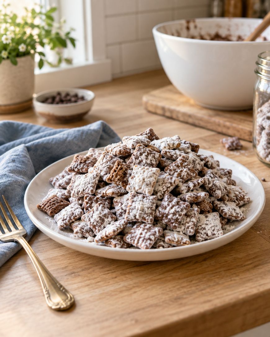 A white plate piled with chocolate-covered cereal squares dusted with powdered sugar sits on a wooden table near a blue napkin, gold fork, and mixing bowl.
