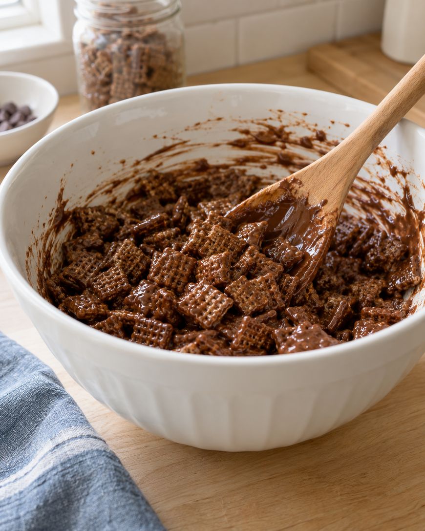 A white bowl filled with square cereal pieces coated in melted chocolate, being mixed with a wooden spoon on a kitchen counter.