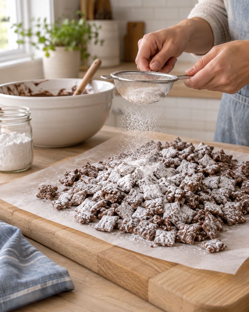 A person sprinkles powdered sugar over a batch of chocolate-coated cereal pieces on parchment paper, with a bowl, jar of sugar, and utensils nearby on a wooden kitchen counter.