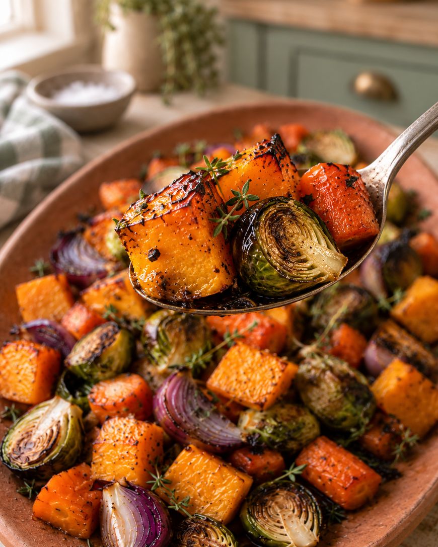 A spoon holds roasted vegetables including brussels sprouts, carrots, red onion, and cubes of squash, garnished with fresh thyme. More of the roasted vegetables are visible on a platter in the background.
