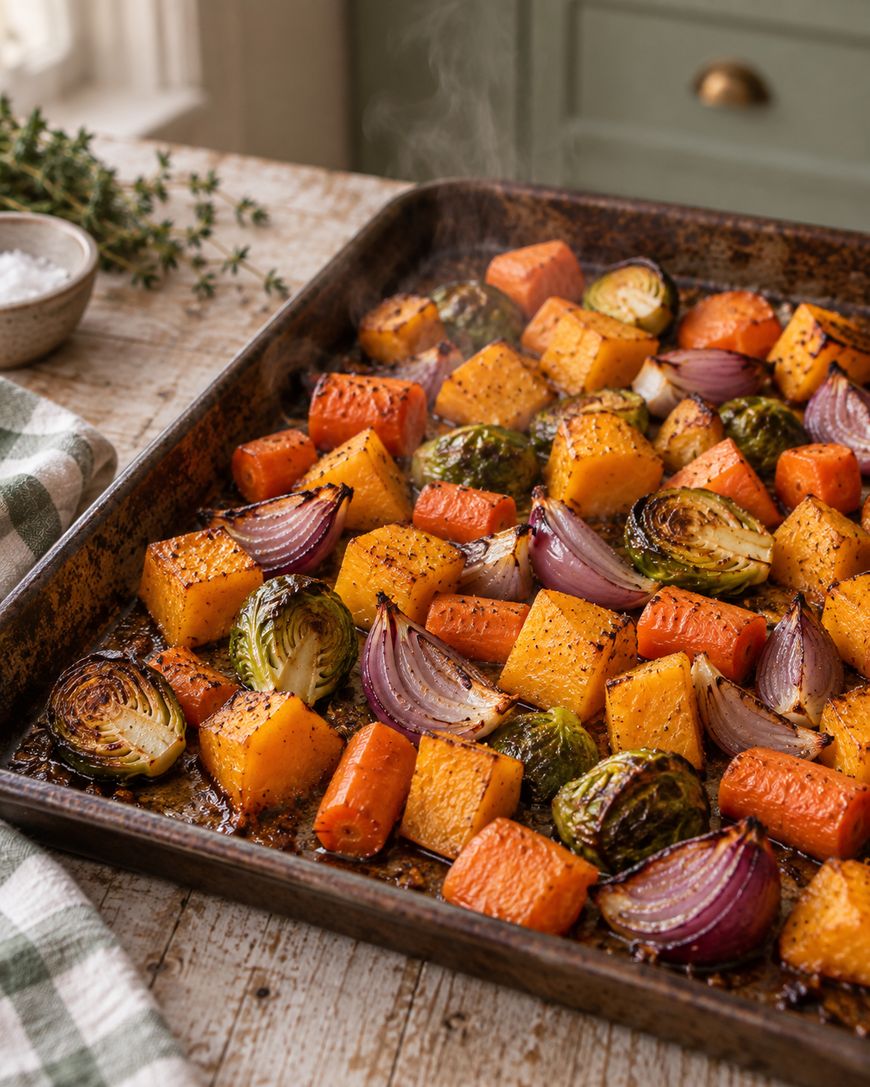 A baking tray filled with roasted vegetables including butternut squash, carrots, red onions, and Brussels sprouts, set on a rustic table beside a checkered towel and a bowl of salt. Steam rises from the hot vegetables.