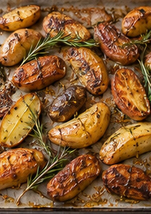 Roasted fingerling potatoes with golden brown, crispy skins, garnished with sprigs of fresh rosemary on a parchment-lined baking sheet.