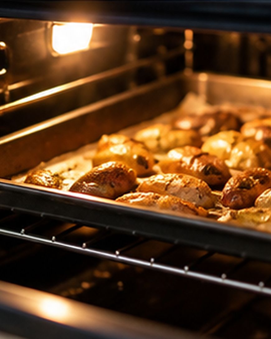 A tray of golden-brown potatoes is roasting in an oven, with the oven light on and the potatoes resting on parchment paper.