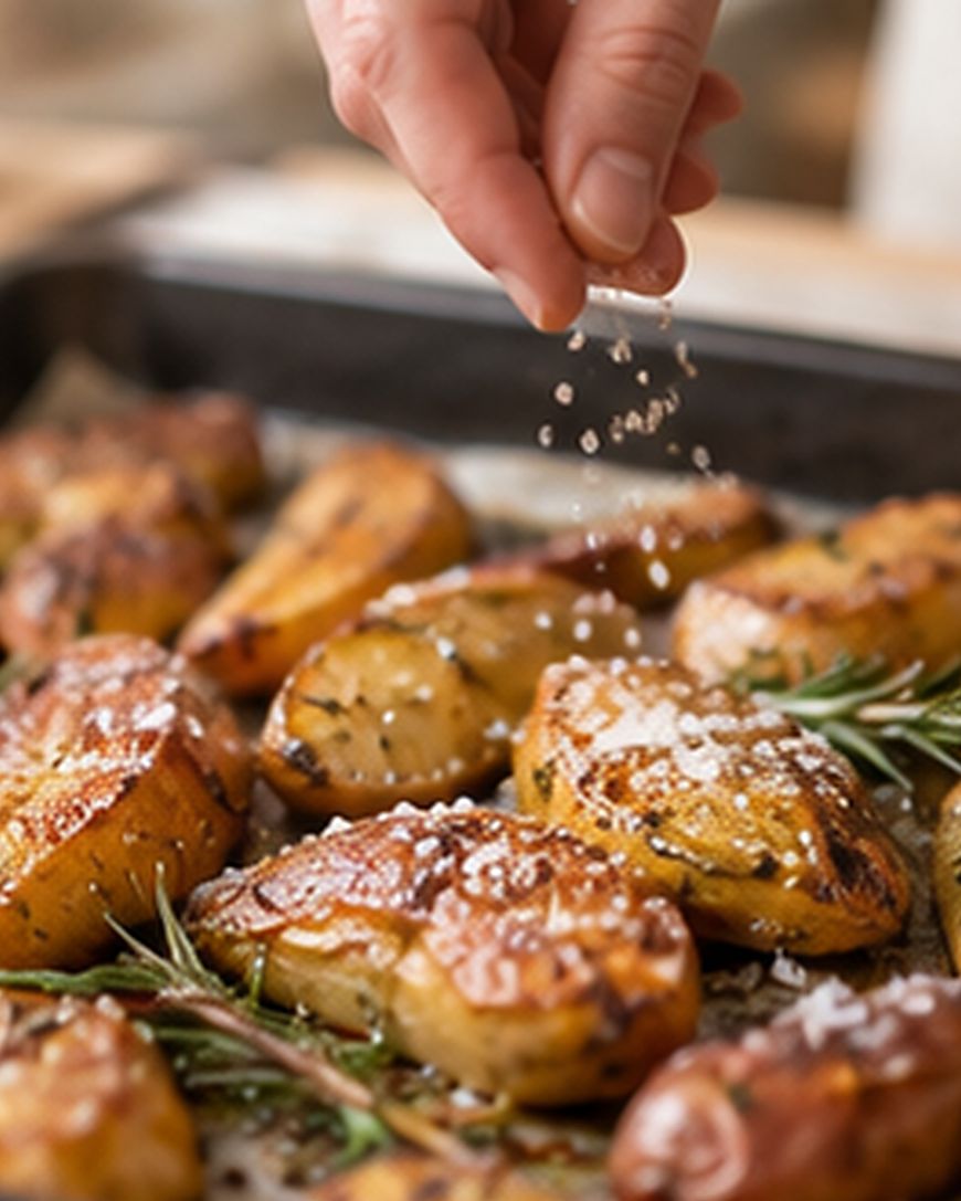 A hand sprinkles coarse salt over roasted potatoes garnished with fresh rosemary on a baking tray.