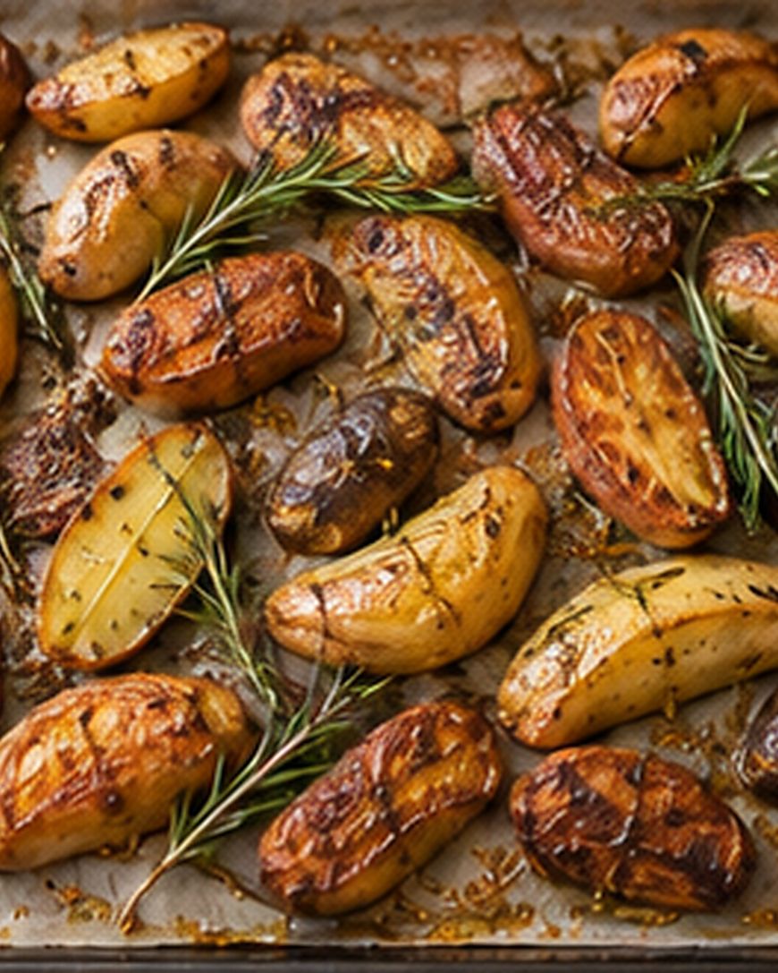 Roasted fingerling potatoes with grill marks, garnished with sprigs of fresh rosemary, arranged on a parchment-lined baking sheet.