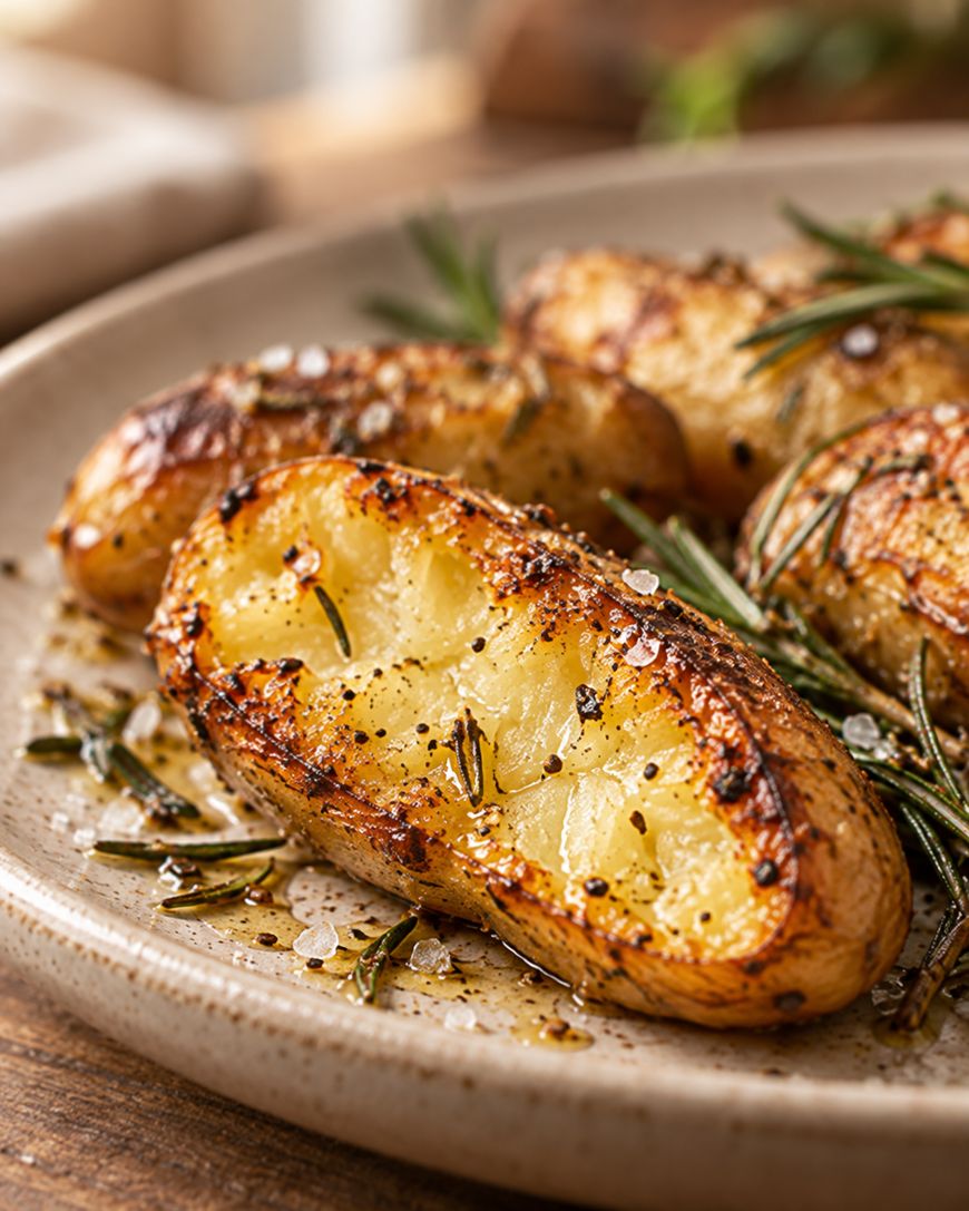 Roasted potato halves garnished with coarse salt, cracked pepper, and fresh rosemary sprigs on a beige plate.