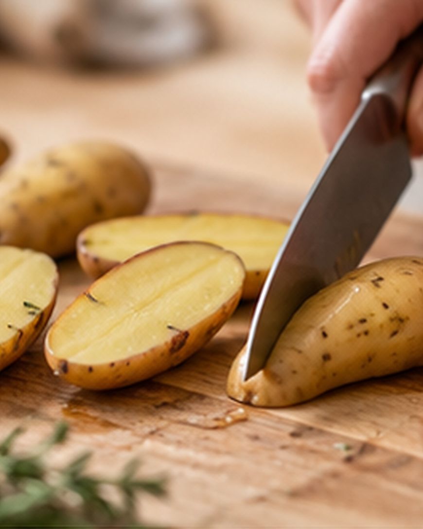 A hand slices a small, yellow potato in half on a wooden cutting board with a knife. Several halved potatoes and a sprig of fresh herbs are visible nearby.