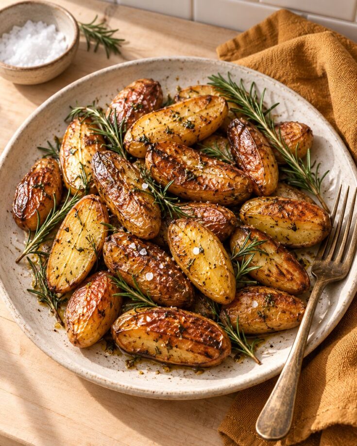 Roasted fingerling potatoes garnished with sprigs of rosemary on a ceramic plate, with a fork and a brown napkin beside it. A small bowl of sea salt sits in the background.