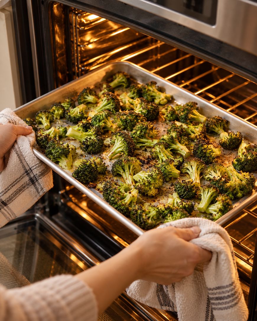 A person using towels holds a baking sheet of roasted broccoli, placing it into or removing it from an oven.