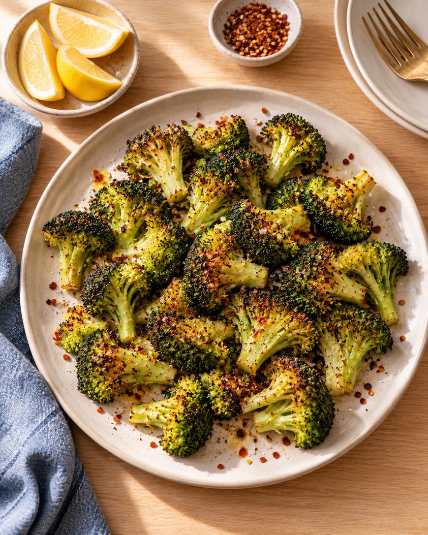 A plate of roasted broccoli florets sprinkled with red pepper flakes, surrounded by lemon wedges, a bowl of pepper flakes, a blue napkin, and a white plate with a fork on a wooden table.