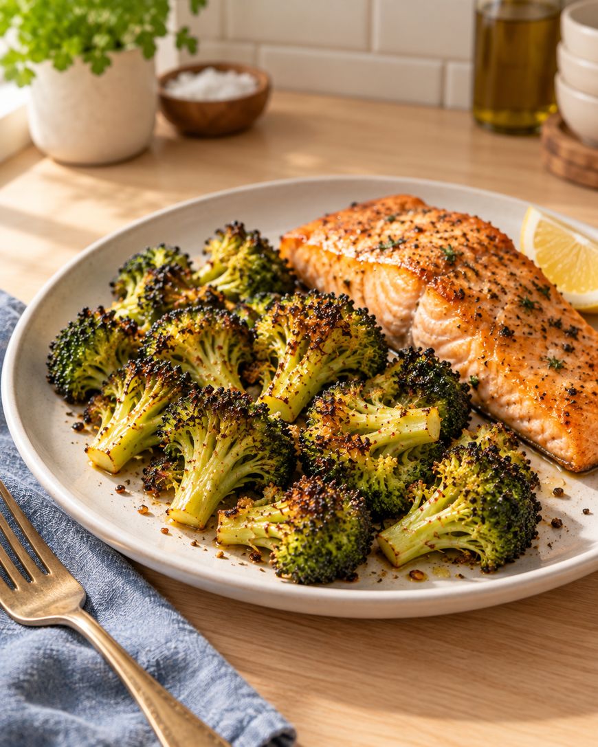A plate with roasted broccoli florets and a piece of cooked salmon, garnished with herbs and a lemon wedge, sits on a table next to a fork and blue napkin.