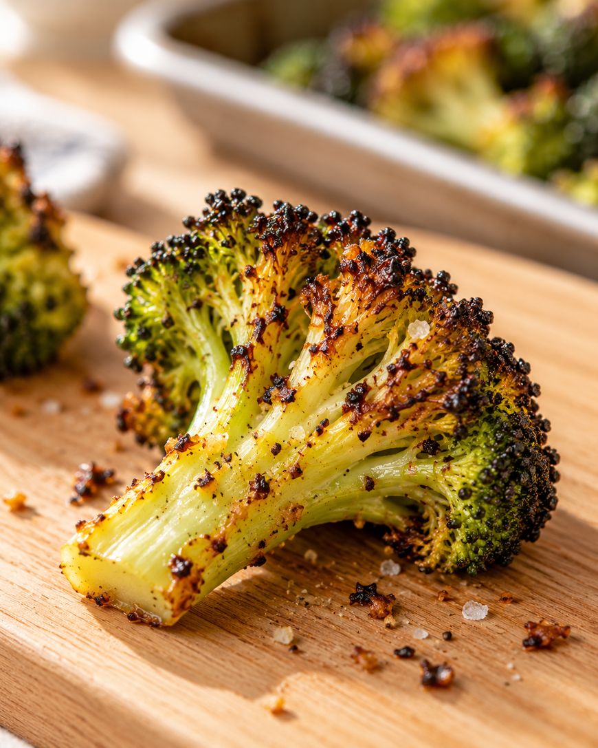 A close-up of a roasted broccoli floret on a wooden cutting board, seasoned with spices and coarse salt, with more broccoli pieces visible in the blurred background.