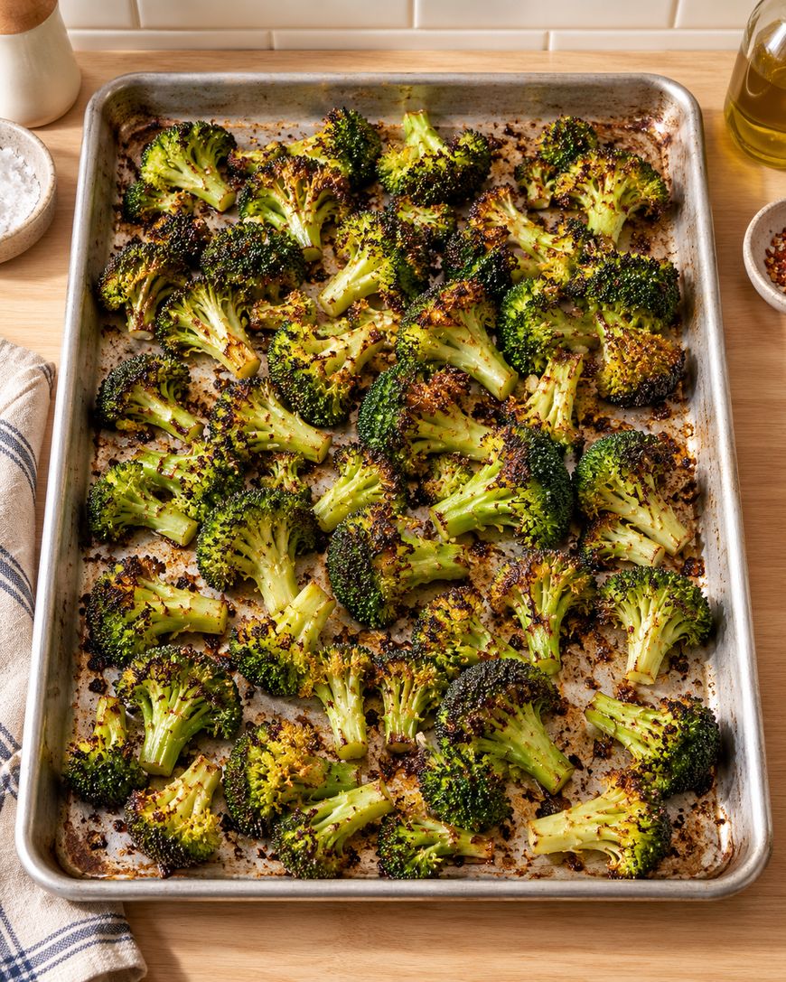 Roasted broccoli florets spread on a baking sheet, lightly charred and seasoned, sitting on a wooden surface next to a kitchen towel, salt, oil, and red pepper flakes.