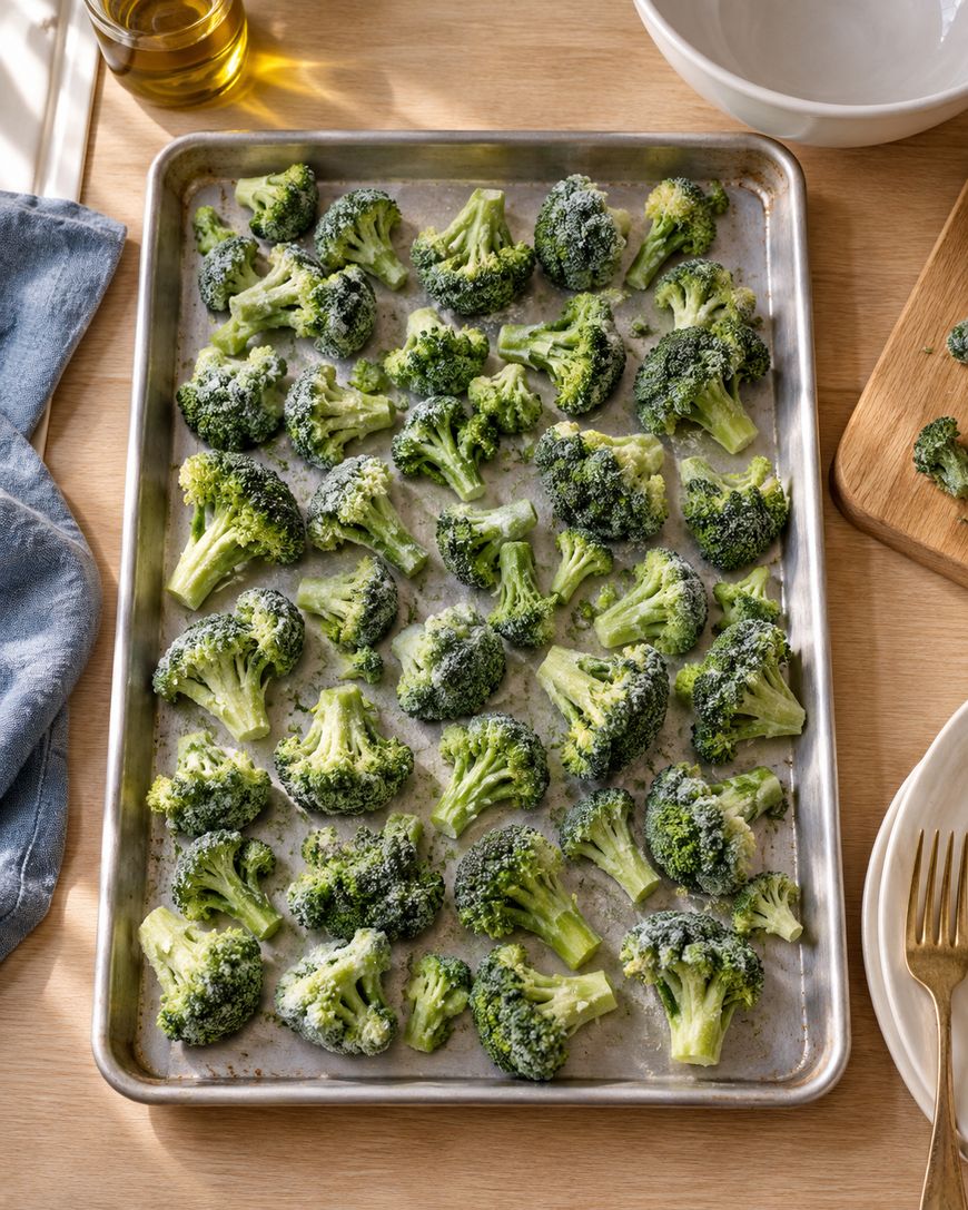 A baking sheet with evenly spaced broccoli florets ready for roasting sits on a wooden table, surrounded by a bowl, utensils, a cutting board, and a bottle of olive oil. Sunlight streams across the scene.