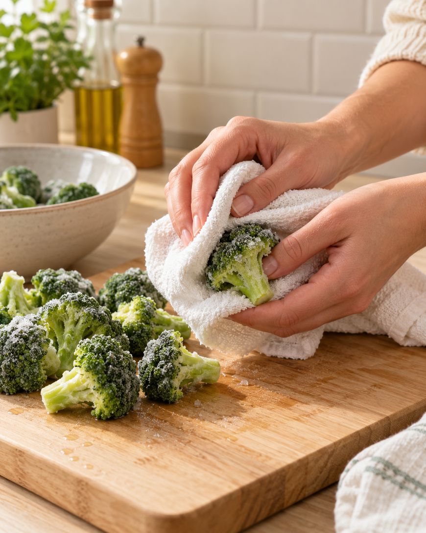 A person dries thawed frozen broccoli florets with a white kitchen towel on a wooden cutting board; a bowl of broccoli and kitchen items are in the background.