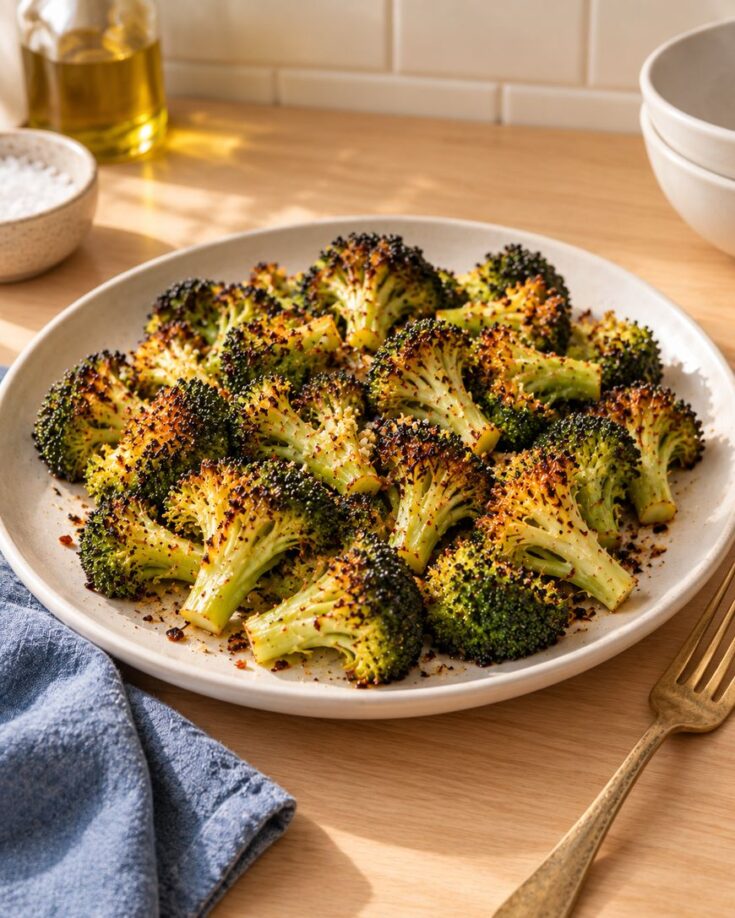 A plate of roasted broccoli florets with browned edges sits on a wooden table next to a gold fork, a blue napkin, a bowl, a jar of olive oil, and a small bowl of salt.