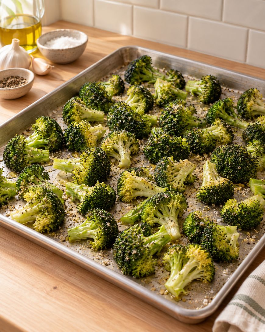 A baking sheet with seasoned broccoli florets on parchment paper, ready to be roasted. Bowls of salt, pepper, and garlic are nearby on a wooden countertop.