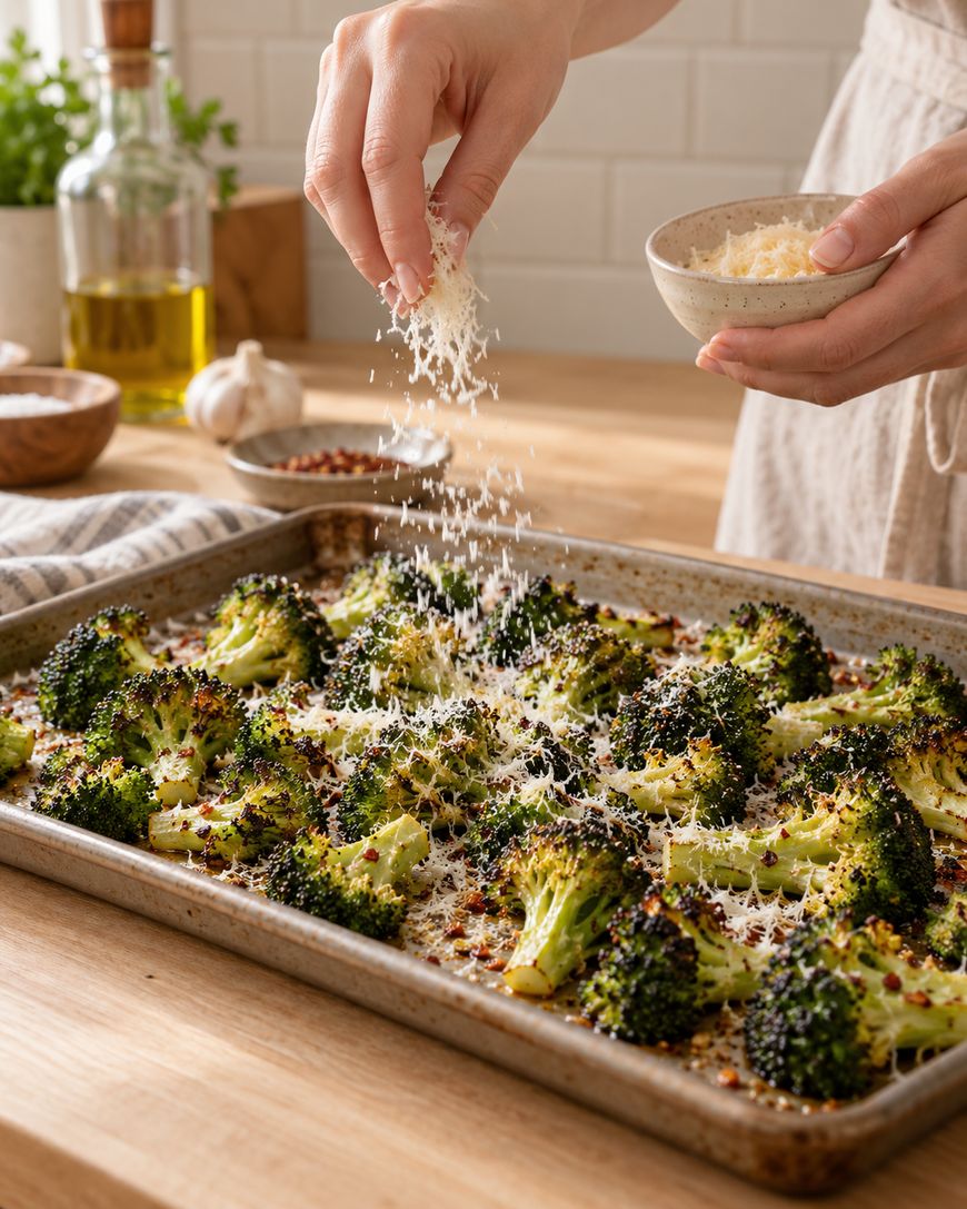 A person sprinkles grated cheese over roasted broccoli on a baking sheet in a kitchen, with olive oil, garlic, and spices visible in the background.