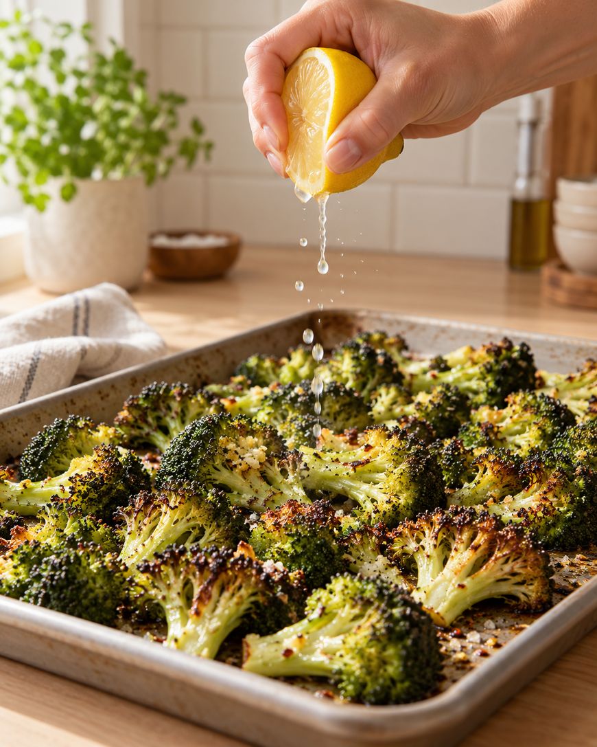 A hand squeezes a lemon half over a baking tray of roasted broccoli in a kitchen setting, adding fresh juice to the vegetables.