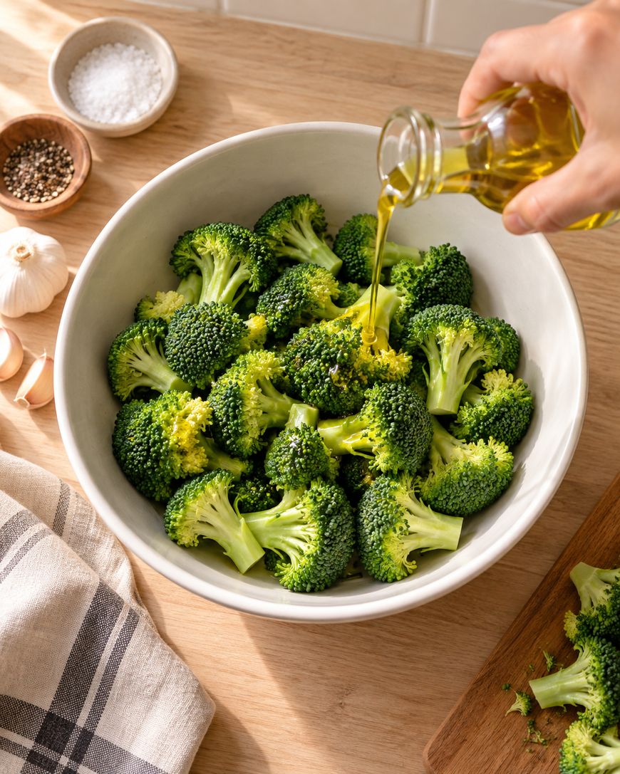 A hand pours olive oil over fresh broccoli florets in a white bowl. Garlic, pepper, and salt are nearby on a wooden surface with a striped towel.