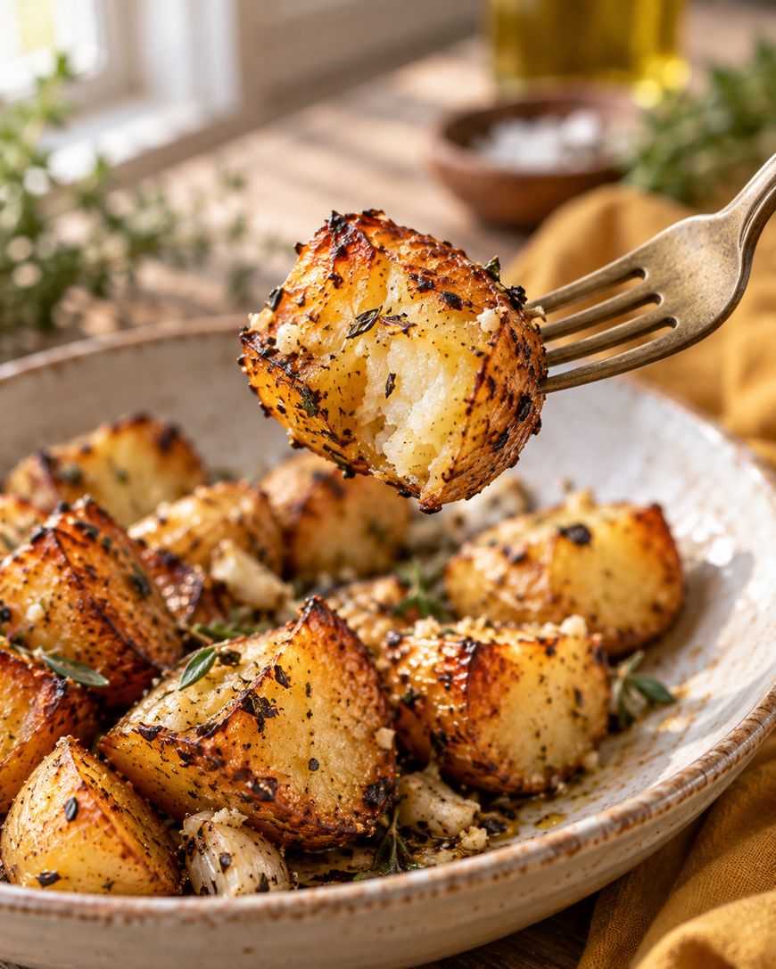 A close-up of a fork holding a crispy, golden roasted potato above a plate of seasoned roasted potatoes, garnished with herbs.