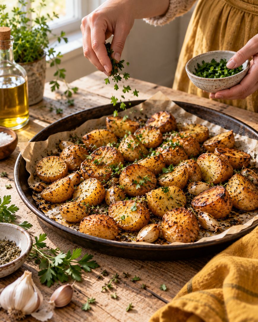 A person sprinkles fresh herbs over roasted potatoes on a baking tray. The scene includes garlic, olive oil, and herbs on a rustic wooden table in warm, natural lighting.