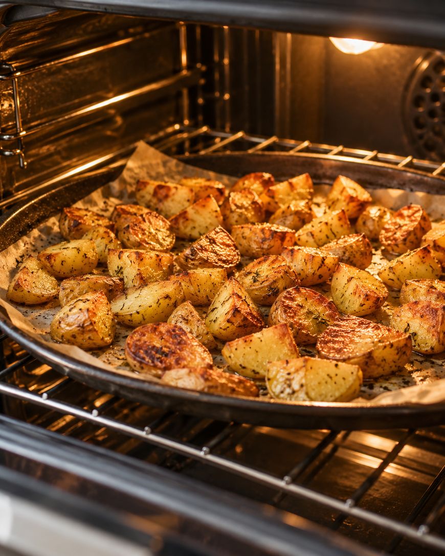 Cubed potatoes roasted with herbs and spices are spread on a round baking tray lined with parchment paper inside an oven. The potatoes appear golden brown and crispy.