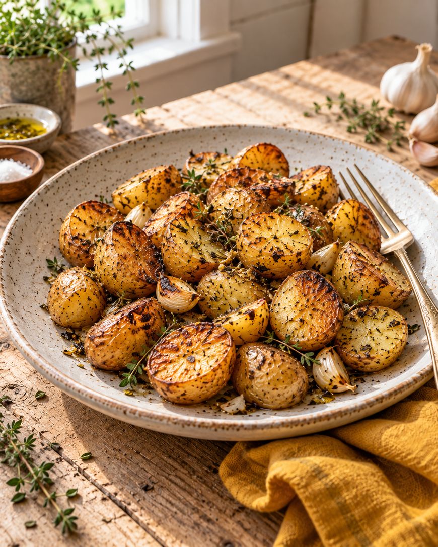 A plate of roasted baby potatoes with herbs and garlic sits on a rustic wooden table. A fork, thyme sprigs, salt, olive oil, garlic bulbs, and a yellow napkin are nearby. Sunlight streams in through a window.