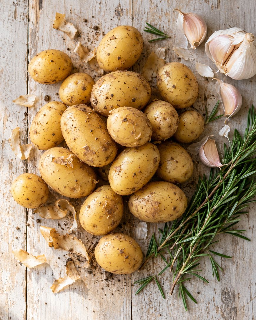 A pile of unwashed potatoes on a rustic wooden surface, with garlic cloves and sprigs of fresh rosemary beside them. Potato peels are scattered around.