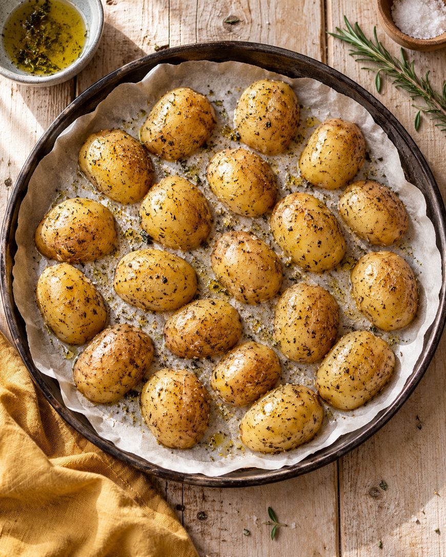 Round roasted potatoes with herbs and seasoning on parchment paper in a round baking tray. Olive oil, salt, and rosemary are nearby on a rustic wooden table with a yellow napkin.