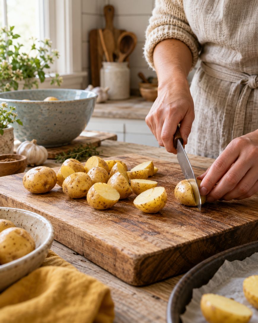 A person in a beige linen outfit slices small potatoes on a rustic wooden cutting board in a cozy kitchen, surrounded by bowls and kitchen utensils.