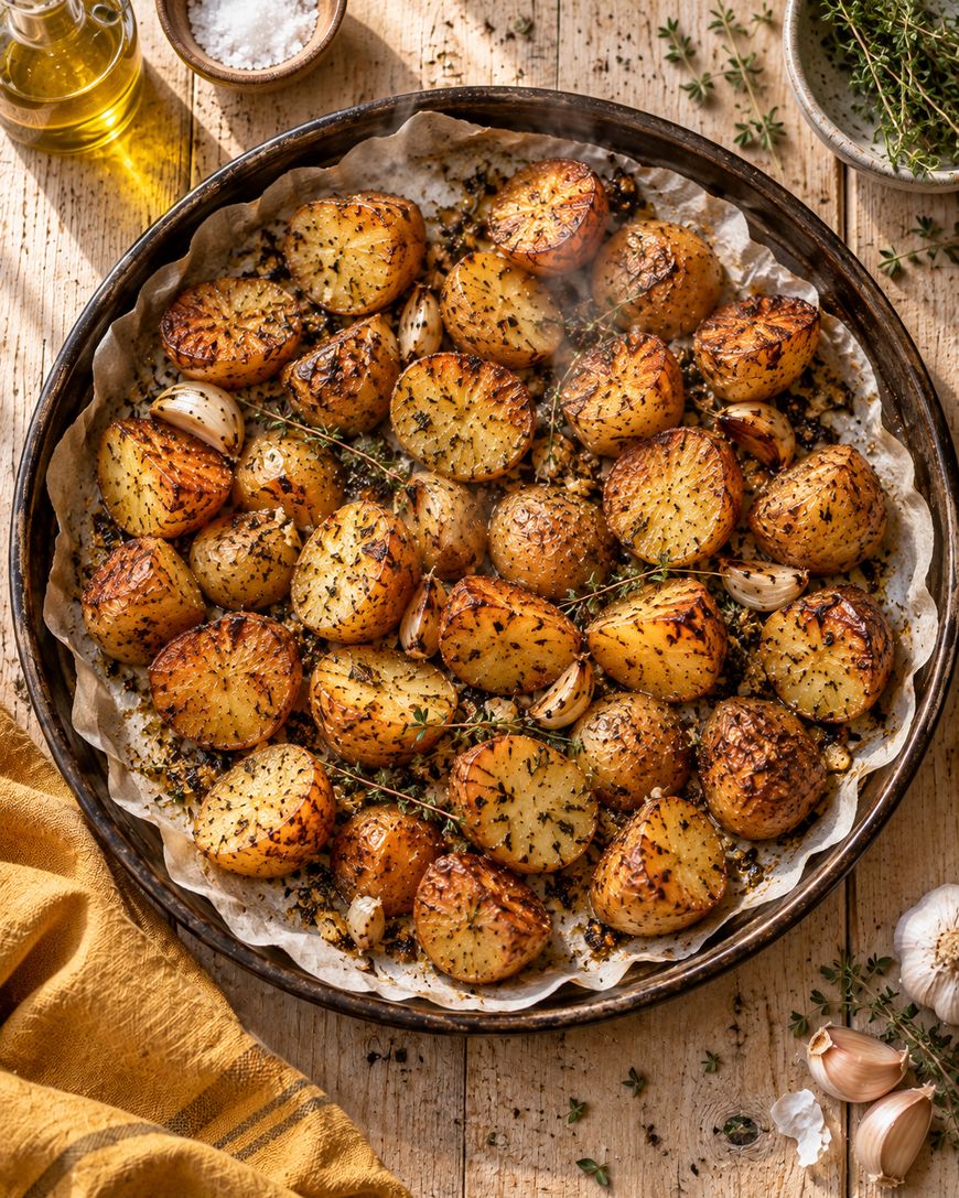Round roasted potatoes with herbs and garlic, arranged on parchment in a round baking tray, sit on a rustic wooden table with olive oil, a bowl of salt, fresh thyme, and a yellow napkin nearby.