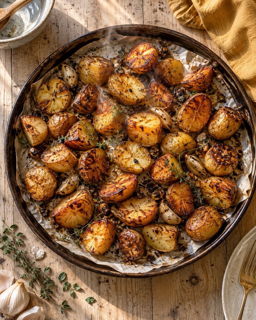 A round baking dish filled with roasted potatoes and garlic cloves, garnished with fresh herbs, sits on a wooden table. Steam rises from the dish, showing the food is hot and freshly cooked.