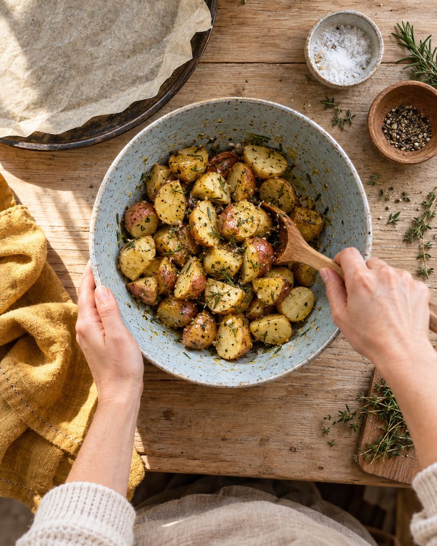 A person stirs roasted, seasoned potatoes with herbs in a blue bowl on a wooden table, surrounded by salt, pepper, thyme, and a yellow cloth.