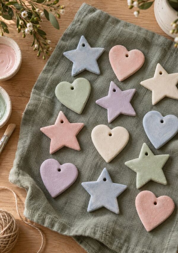 Pastel heart and star-shaped clay ornaments with holes are arranged on a green cloth. Paint, a brush, twine, and a vase of flowers sit nearby on a wooden table.