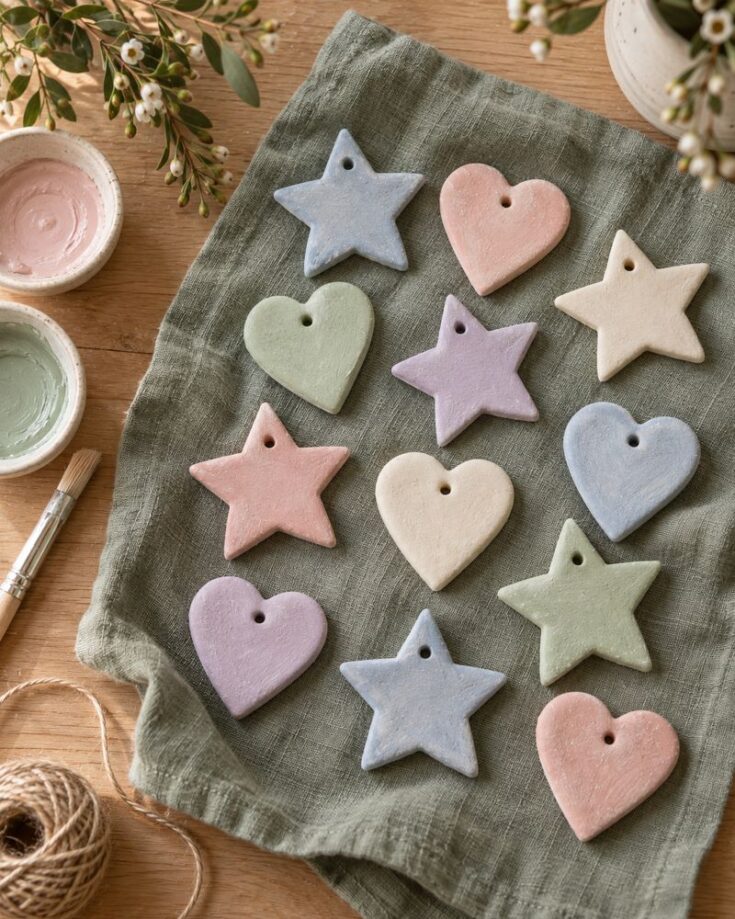 Pastel heart and star-shaped clay ornaments with holes are arranged on a green cloth. Paint, a brush, twine, and a vase of flowers sit nearby on a wooden table.