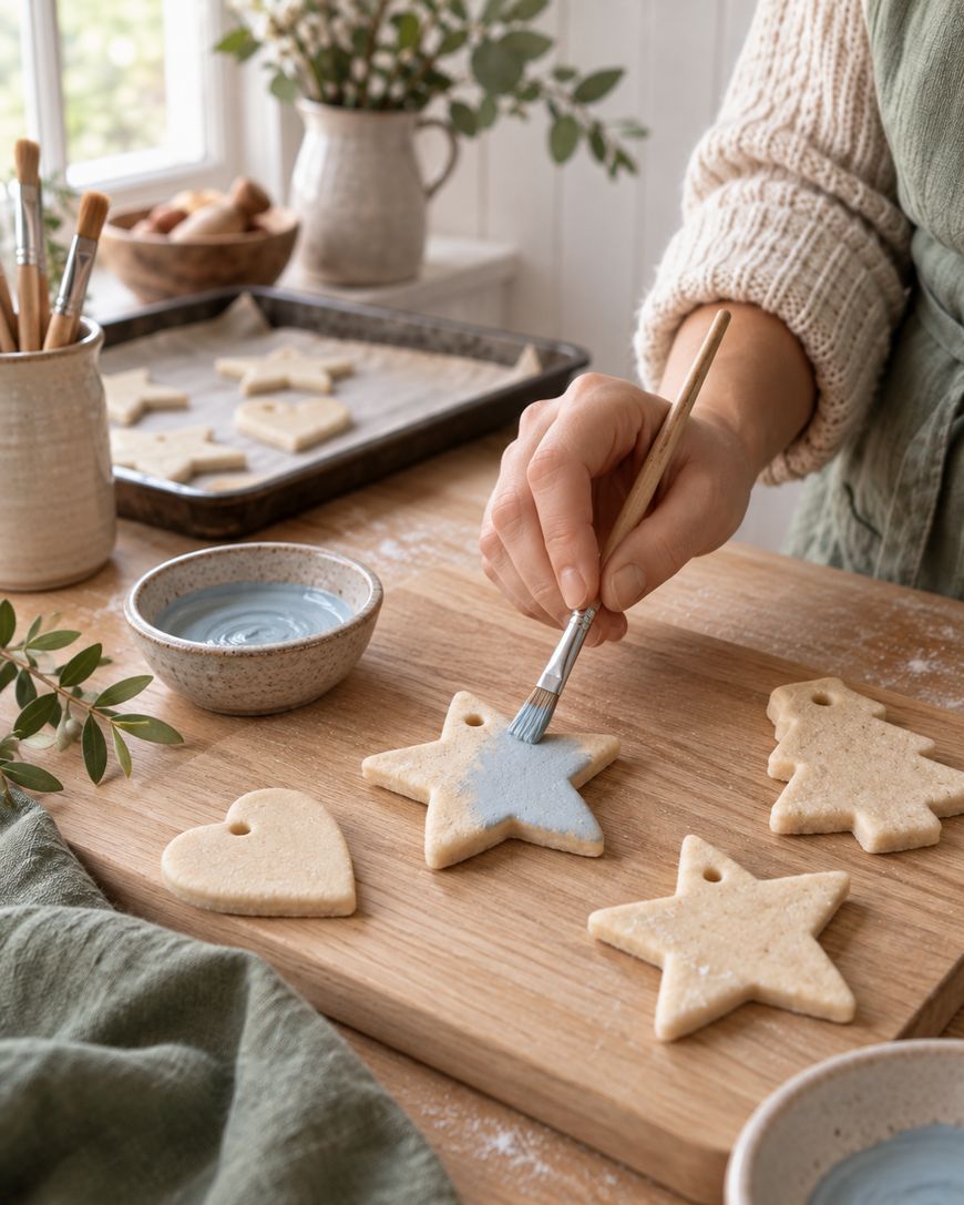 A person brushes blue icing onto a star-shaped cookie on a wooden board. Heart and star cookies, a bowl of icing, and baking tools are visible on a cozy kitchen table.