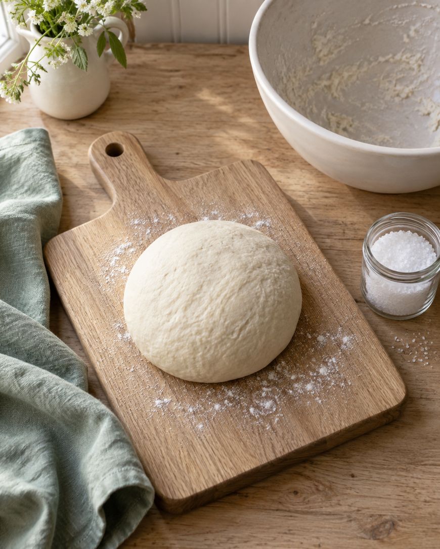 A round ball of dough rests on a wooden cutting board sprinkled with flour. Nearby are a glass jar of salt, a large mixing bowl with dough remnants, a green cloth, and a vase with small white flowers.