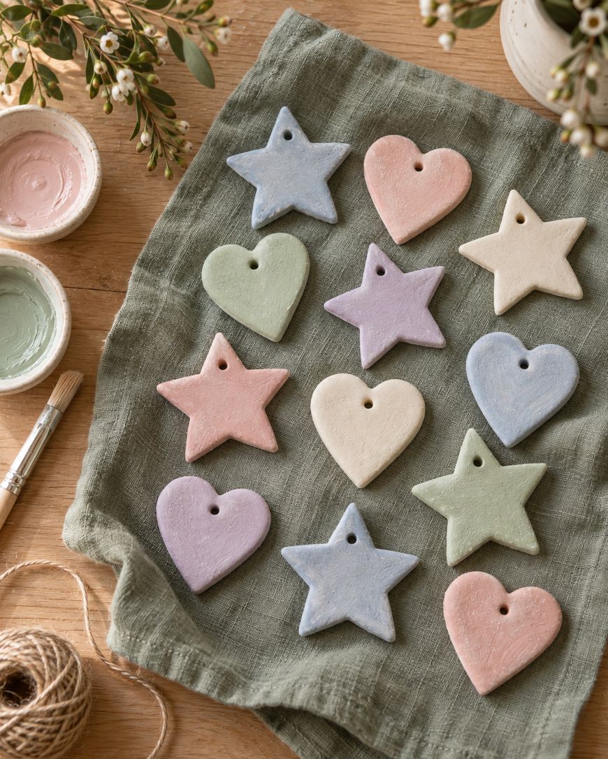 Pastel-colored clay ornaments shaped like stars and hearts are arranged on a green cloth. Bowls of paint, a paintbrush, flowers, and twine are also visible on the wooden table.