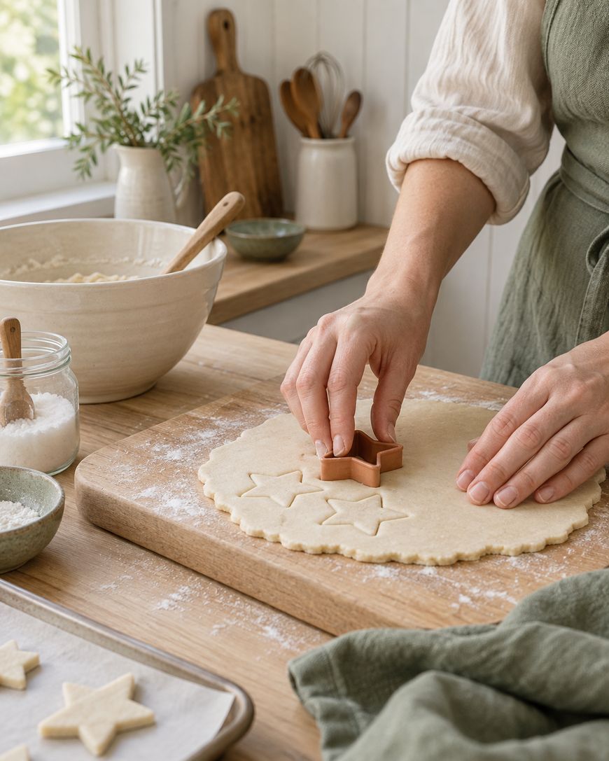Person uses a star-shaped cookie cutter on rolled dough in a cozy kitchen, surrounded by baking tools, bowls, a jar of sugar, and a tray with cut-out cookies.