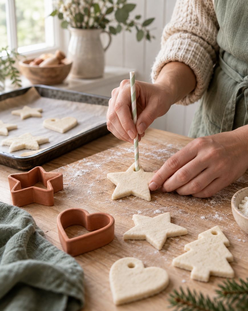Hands making cookie shapes with dough on a floured wooden surface, using star and heart-shaped cutters. A straw is used to make a hole in a star cookie. Other baked cookies and kitchen items are in the background.