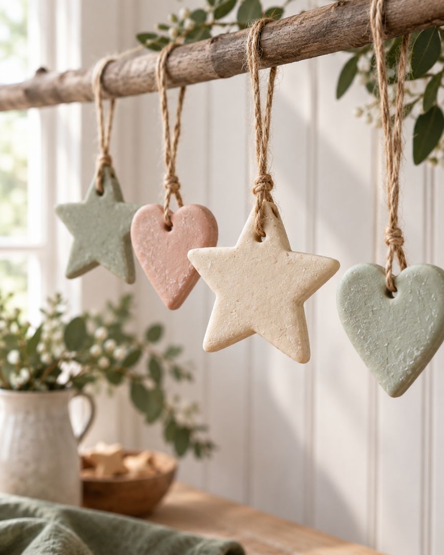 Four pastel-colored ornaments—two stars and two hearts—hang from a wooden rod with twine. A vase with greenery sits on a wooden table in the softly lit background.