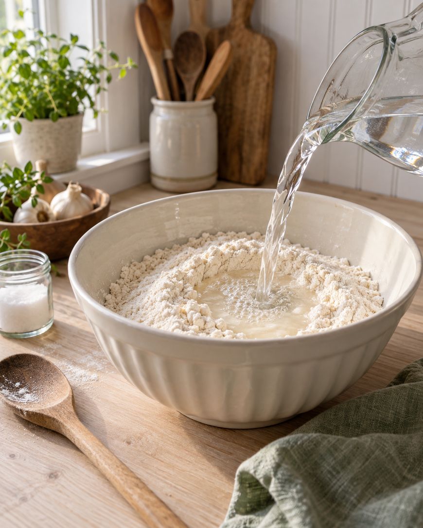 Water is being poured from a glass pitcher into a bowl of flour on a kitchen counter. A wooden spoon, a jar of salt, herbs, and kitchen utensils are in the background.