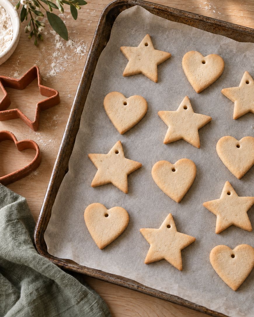 A baking tray with parchment paper holds star- and heart-shaped cookies with small holes. Cookie cutters and flour are nearby on a wooden surface with a green cloth.